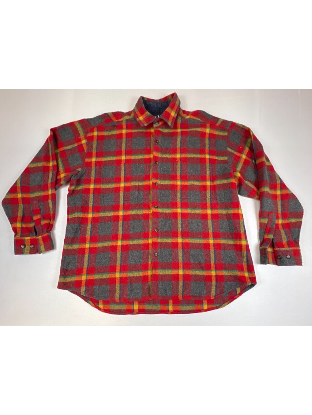 Gap Men XL Red Gray Plaid Vintage Wool Blend Flannel Shirt Long Sleeve Button Up